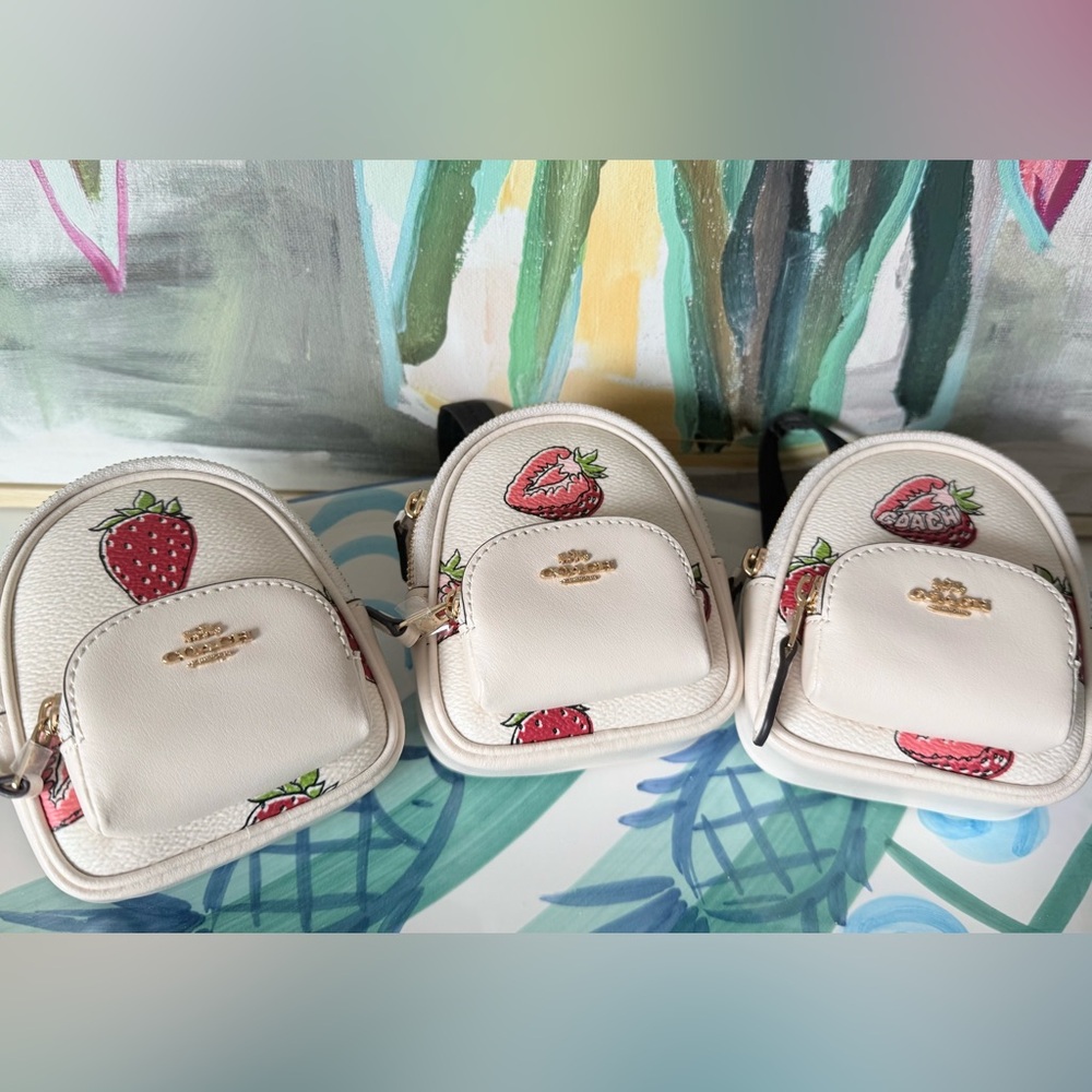 Coach Mini Court Backpack Bag Charm With Strawberry Print CAO93 NWT